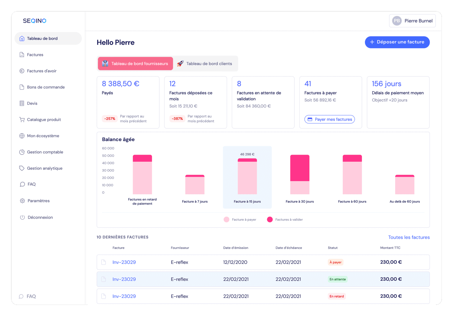 interface utilisateur montrant les fonctionnalités de seqino